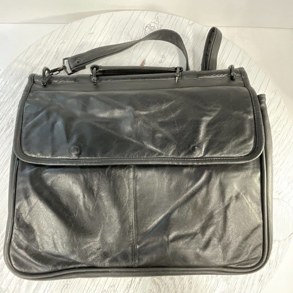 Black Leather Messenger Bag Magnetic Snap Button Close Shoulder Strap - Picture 2 of 16